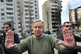 UN Secretary-General Antonio Guterres gestures as he attends a visit in Borodianka, outside Kyiv, on April 28, 2022.