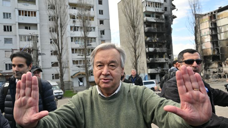 UN Secretary-General Antonio Guterres gestures as he attends a visit in Borodianka, outside Kyiv, on April 28, 2022.