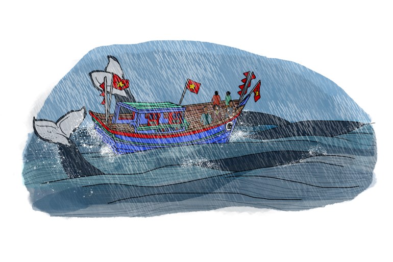 An illustration of a boat in a storm with a whale swimming next to it.