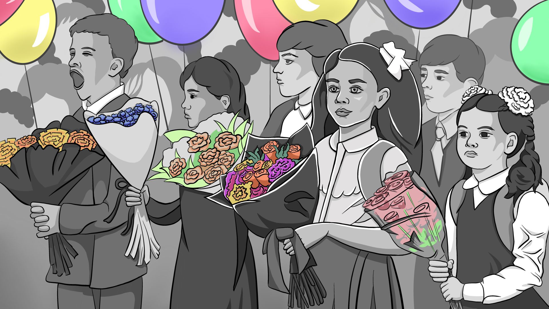 An illustration of children holding bouquets of flowers with balloons in the back.