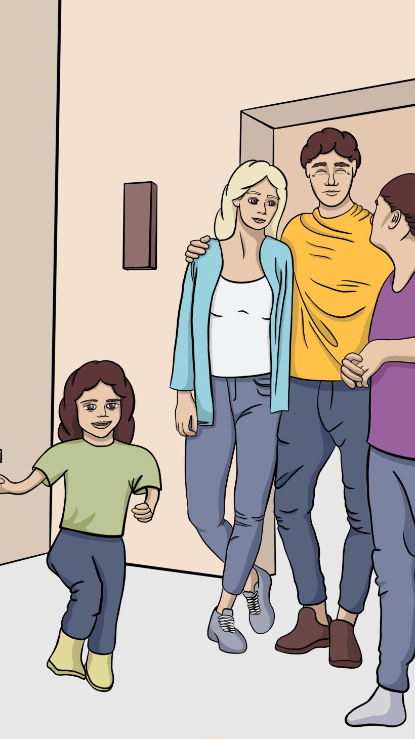 An illustration of a family of four looking happy standing in an empty room with boxes.