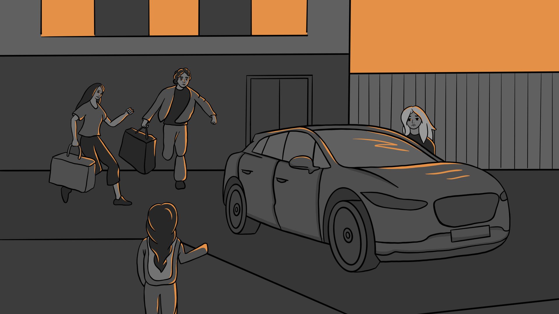 An illustration of people walking towards a car holding bags and suitcases.