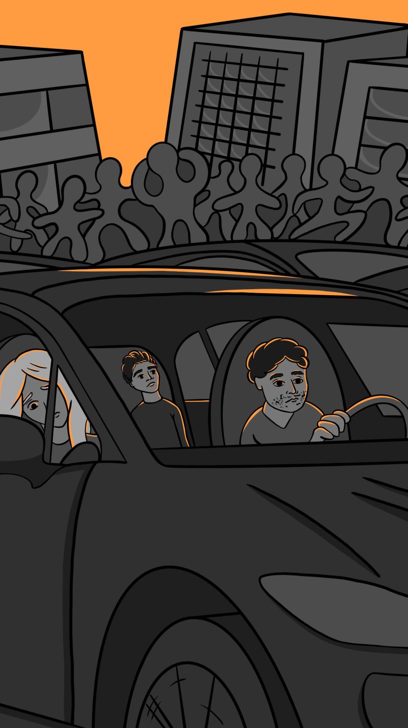An illustration of someone driving a car with children in the back seat and a large group of people behind them.