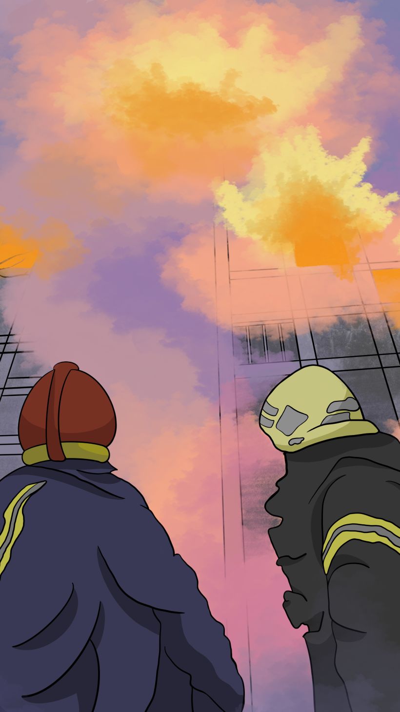 An illustration of a building on fire with two officers in front.