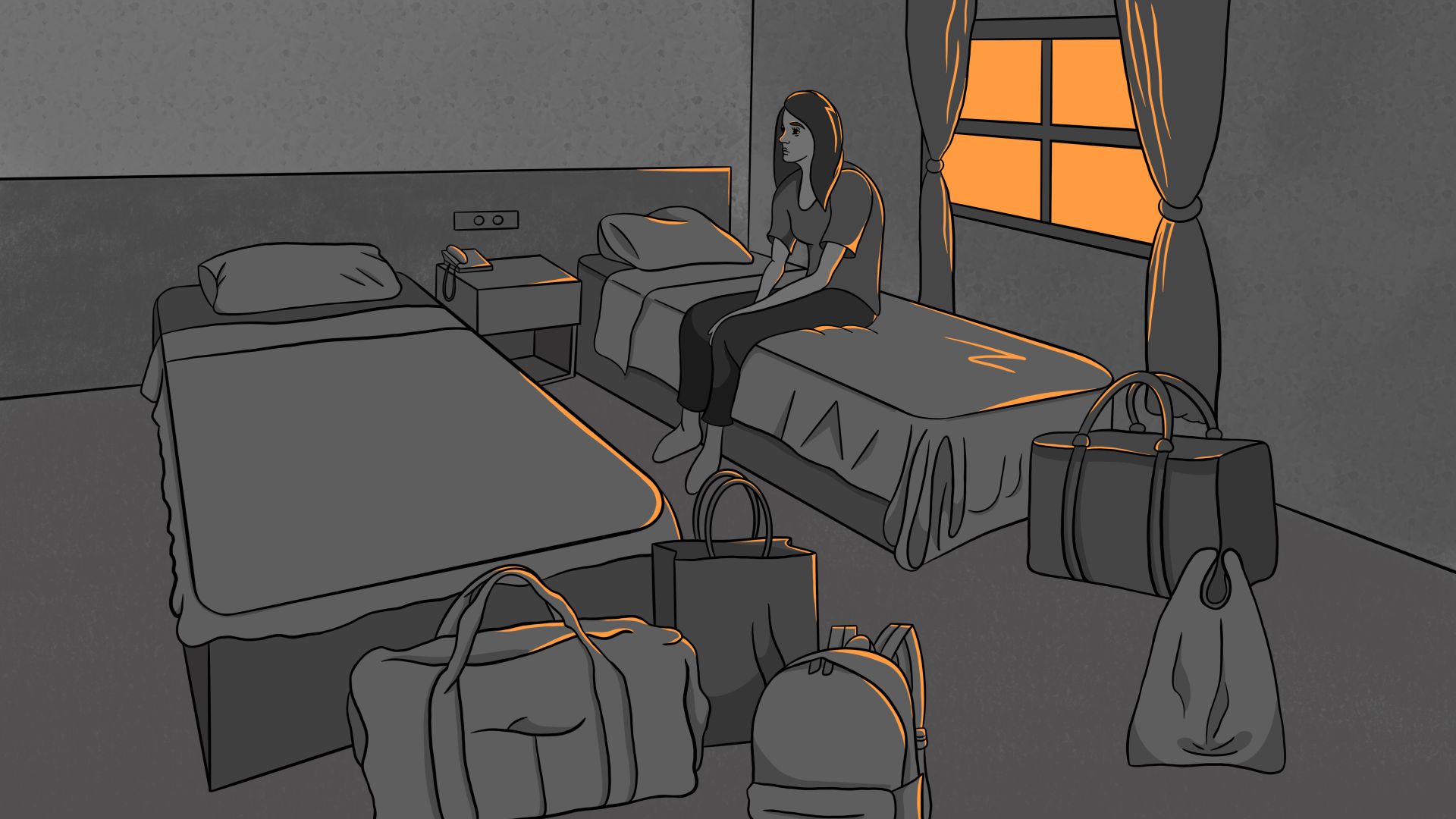 An illustration of a woman sitting on a bed with bags and suitcases in front of the bed,