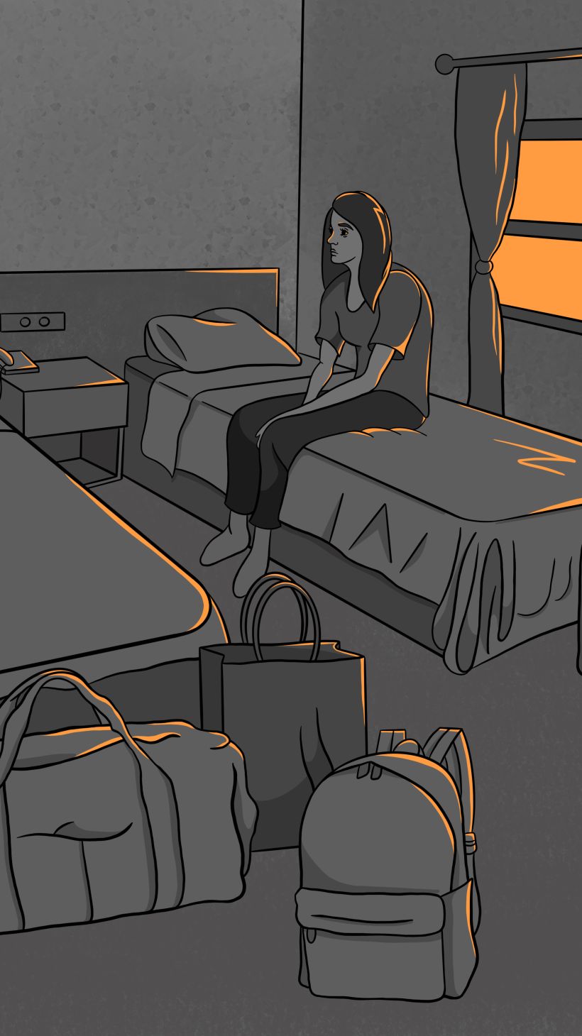 An illustration of a woman sitting on a bed with bags and suitcases in front of the bed,