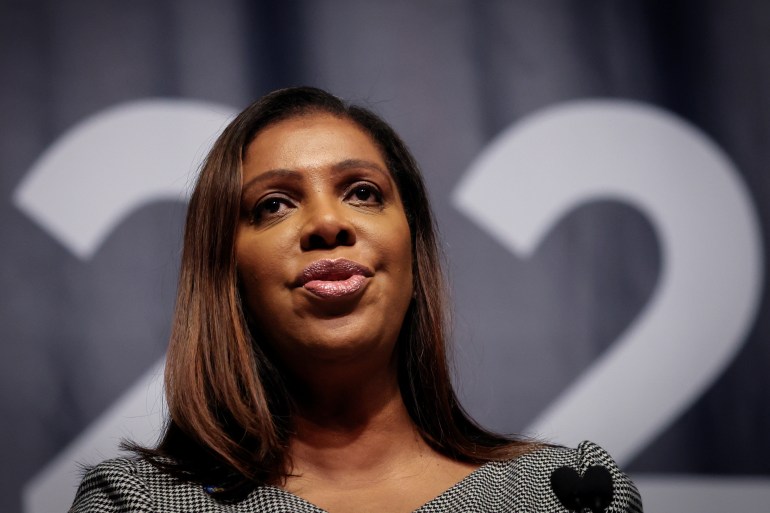 New York Attorney General Letitia James delivers remarks at the New York Democratic party 2022 State Nominating Convention in Manhattan.