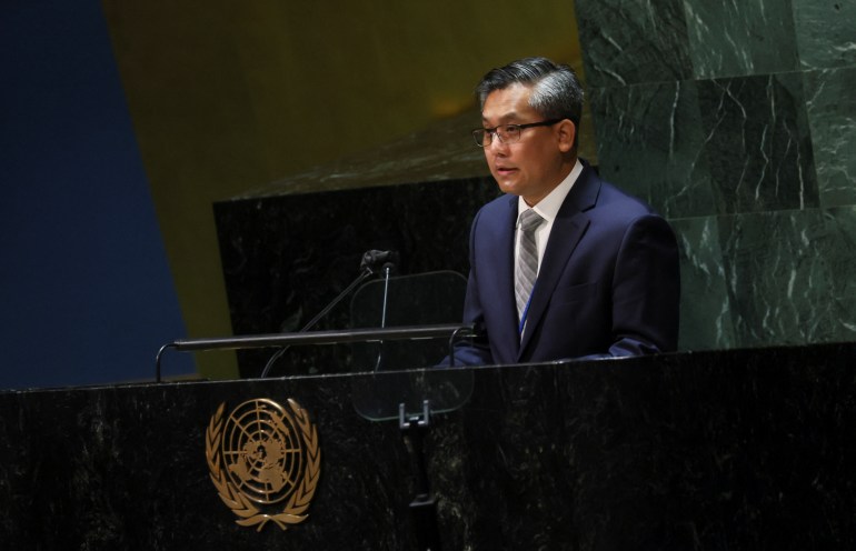 Myanmar's Ambassador to the U.N. Kyaw Moe Tun speaks during a special session of the UN General Assembly