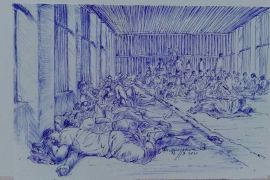 A sketch in blue pen showing dozens of inmates in Yangon's Insein prison lying shoulder to shoulder on the floor.
