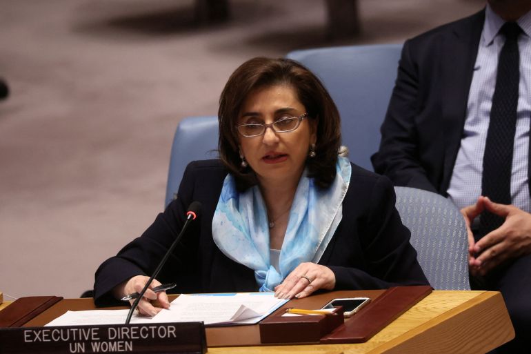 Sima Bahous, Executive Director of UN Women, speaks during the United Nations Security Council meeting on the situation amid Russia's invasion of Ukraine.
