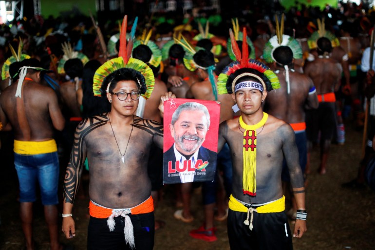 Indigenous people gather ahead of Brazil's former President Luiz Inacio Lula Da Silva visit at Free Land camp, to express support to their claims, in Brasilia, Brazil.