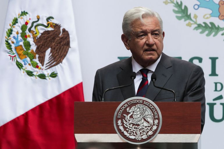 Mexican President Andres Manuel Lopez Obrador speaking