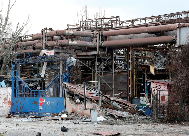 A view shows the gates of the Illich Steel and Iron Works damaged during Ukraine-Russia conflict in the southern port city of Mariupol, Ukraine April 15, 2022.