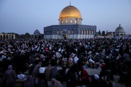 Palestinians pray on Laylat al-Qadr during the holy month of Ramadan, at the compound that houses Al-Aqsa Mosque and Dome of the Rock,