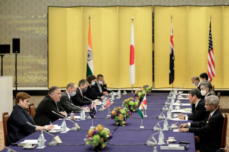 Japan's Minister of Foreign Affairs Toshimitsu Motegi (2nd R) speaking during the Quadrilateral Security Dialogue (Quad) ministerial meeting with US Secretary of State Mike Pompeo (2nd L), Australian Minister for Foreign Affairs and Trade Marise Payne (L) and Indian Minister of External Affairs Subrahmanyam Jaishankar (R).