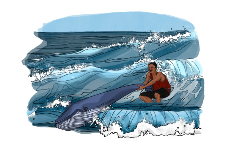 An illustration of a person standing in the sea holding a small whale by it's tail with waves around him.