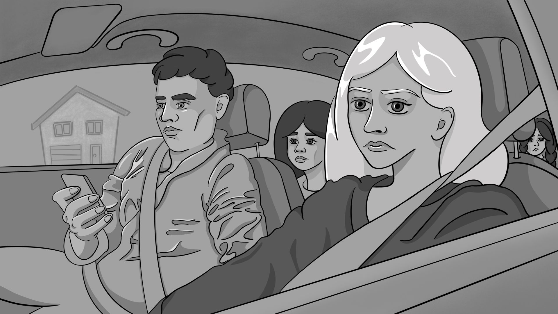 An illustration of people in a car, a woman is driving, a man is on his phone and the children sit in the back.