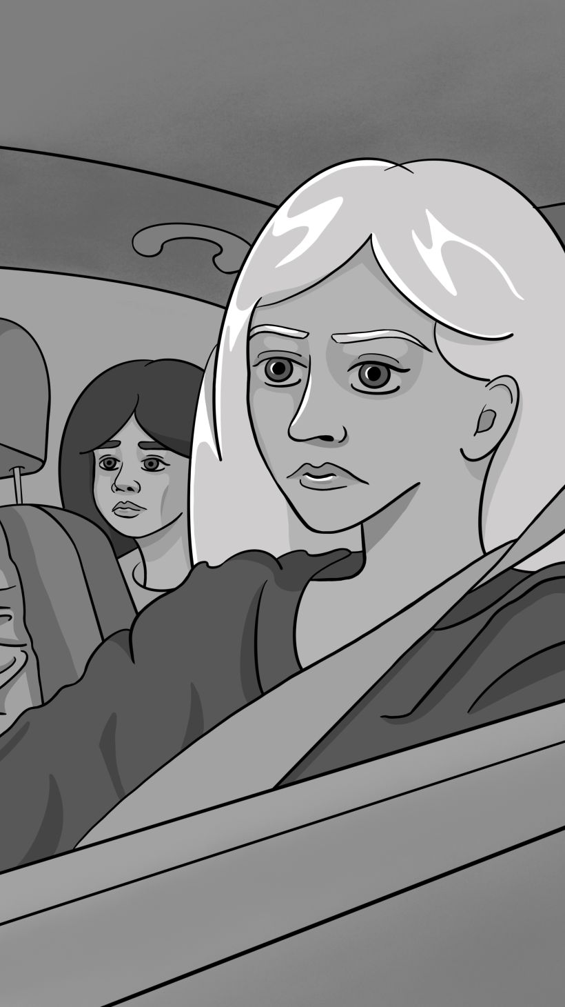 An illustration of people in a car, a woman is driving, a man is on his phone and the children sit in the back.