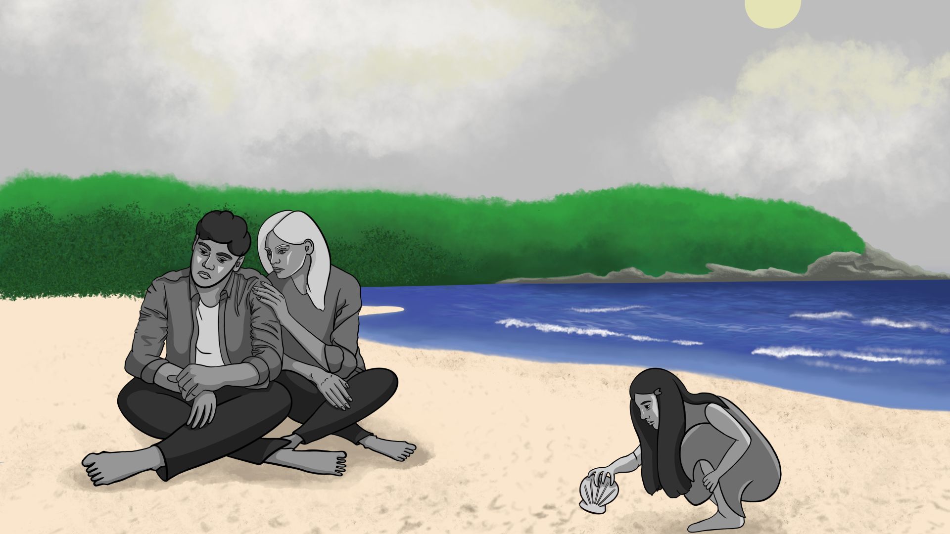 An illustration of three people at a beach. Two are sitting cross-legged and next to each other and the third one, a child, is picking up a seashell.