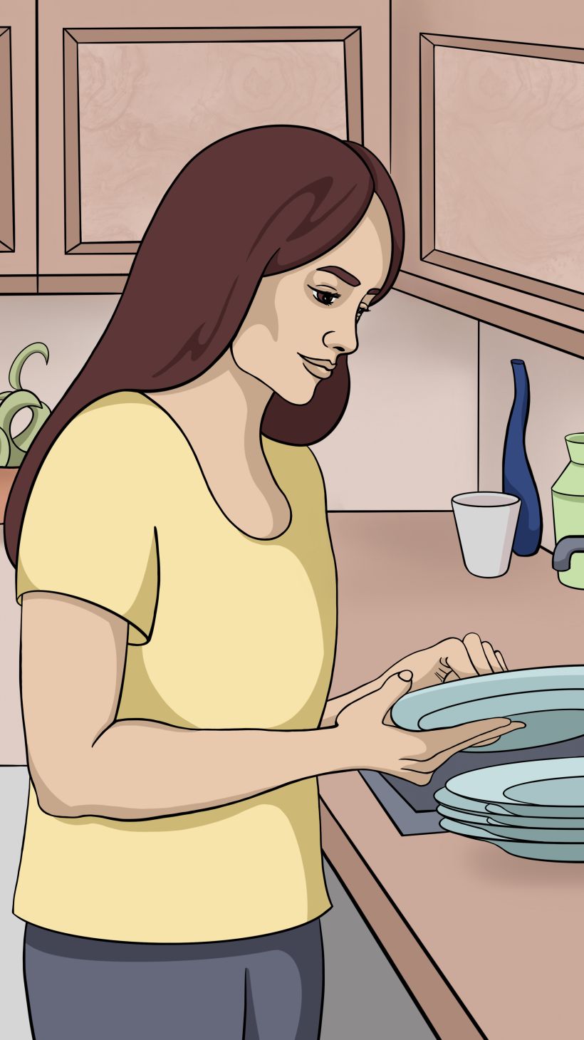 An illustration of a woman washing dishes and another woman sitting on the kitchen table with a cup of tea.