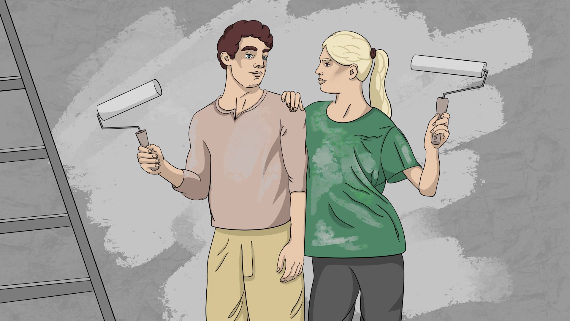 An illustration of a man and a woman painting a wall.