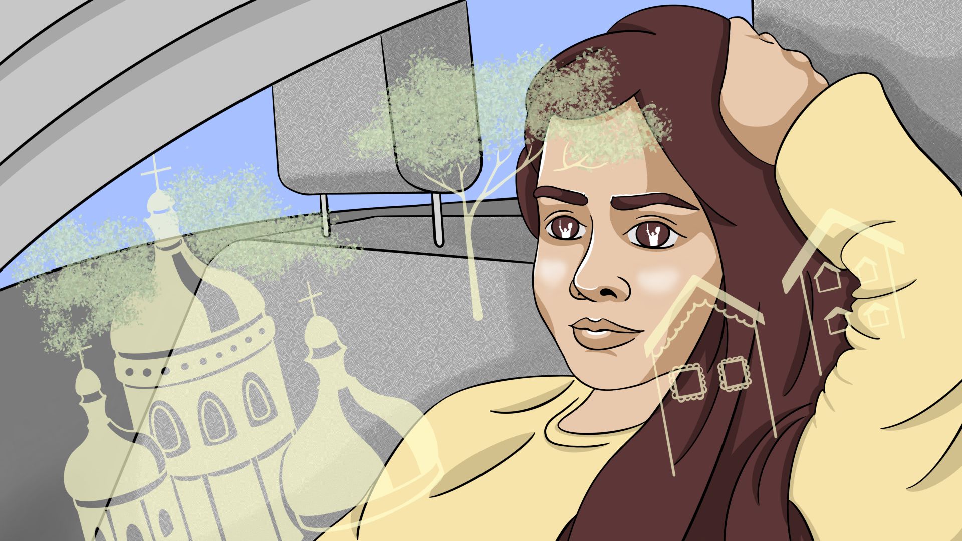 An illustration of a woman looking out a window at monuments and buildings.