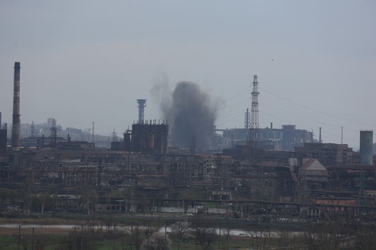 Smoke rises from the Azovstal plant