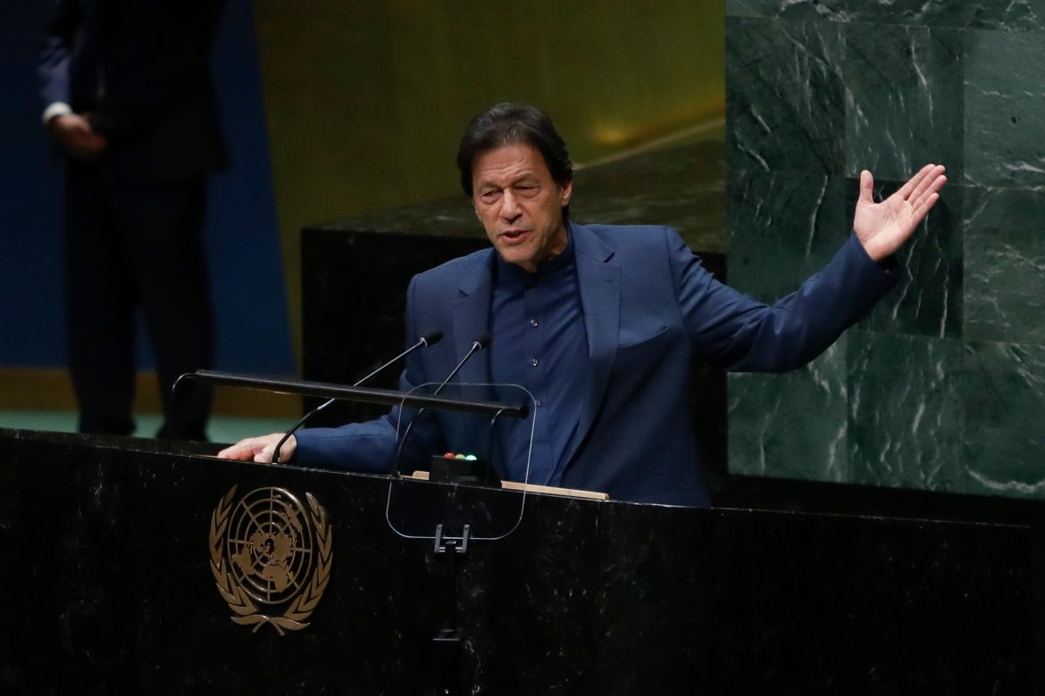 Pakistani Prime Minister Imran Khan addresses the 74th session of the United Nations General Assembly, Friday, Sept. 27, 2019,