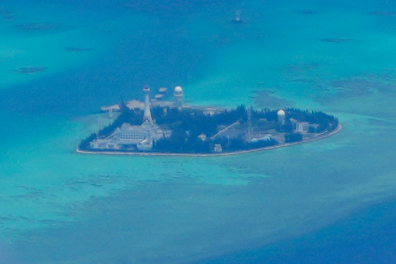 Chinese structures and buildings on the man-made island on Johnson Reef at the Spratlys group of islands in the South China Sea.