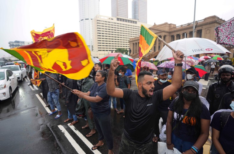 Sri Lankans demanding president Gotabaya Rajapaksa resign over the debt-ridden country’s worst economic crisis protest outside the president's office in Colombo