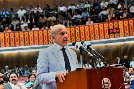 Newly elected Pakistan Prime Minister Shehbaz Sharif addresses a session of the National Assembly in Islamabad, April 11, 2022 [File: National Assembly of Pakistan via AP]