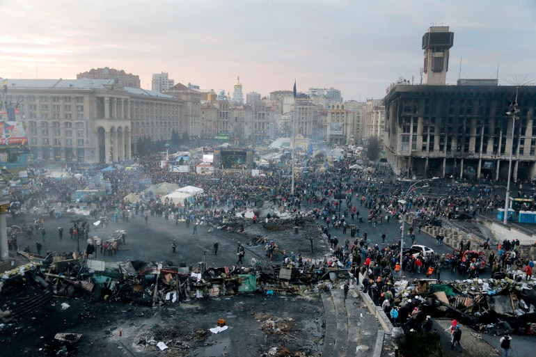 FILE - This file photo taken on Thursday, Feb. 20, 2014, shows Independence Square, the epicenter of the country's unrest, in Kiev, Ukraine. The "Heavenly Hundred" is what Ukrainians in Kiev call those who died during months of anti-government protests in 2013-14. The grisliest day was a year ago today on Feb. 20, 2014 _
