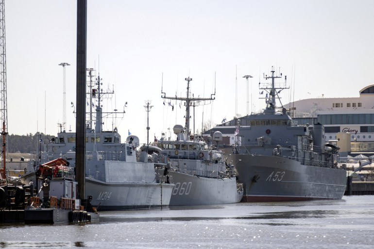 Three NATO warships in a harbour in the southwestern coastal city of Turku, Finland.
