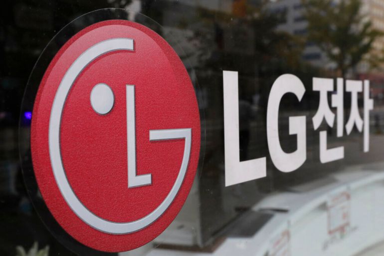 A corporate logo of LG Electronics is seen at its shop in Goyang, South Korea