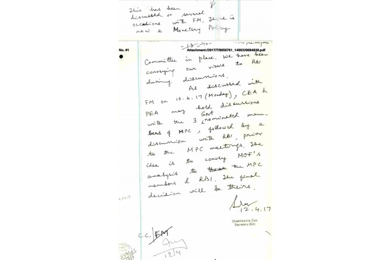 File note by then economic affairs secretary Shaktikanta Das, mentioning about the decision to call a meeting with the MPC