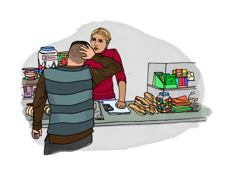 Drawing of a man in a shop