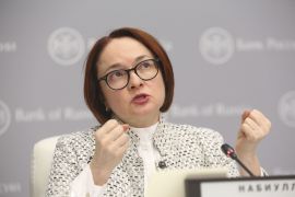 Elvira Nabiullina, governor of Russia's central bank, gestures while speaking during a rate announcement news conference in Moscow, Russia