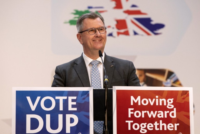 Northern Ireland's Democratic Unionist Party (DUP) Leader Jeffrey Donaldson speaks
