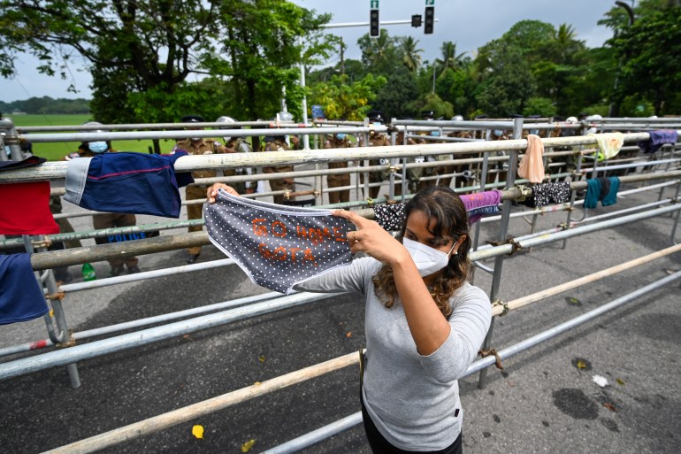 Underpants hung on the barricade during a demonstration in Sri Lanka