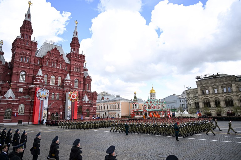 Russian servicemen march on Red Square during the Victory Day military parade in central Moscow on May 9, 2022. - Russia celebrates the 77th anniversary of the victory over Nazi Germany during World War II.