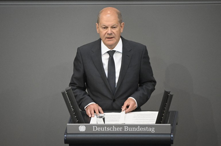 German Chancellor Olaf Scholz delivers a speech ahead of the next EU summit during a session at the Bundestag (lower house of parliament) in Berlin on May 19