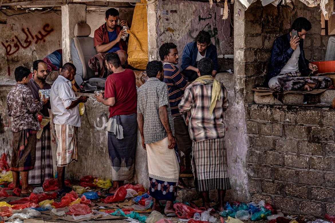 Men buy Khat from their local Khat market, Sayhut town