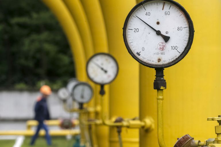 Pressure gauges, pipes and valves are pictured at an "Dashava" underground gas storage facility near Striy, in Ukraine
