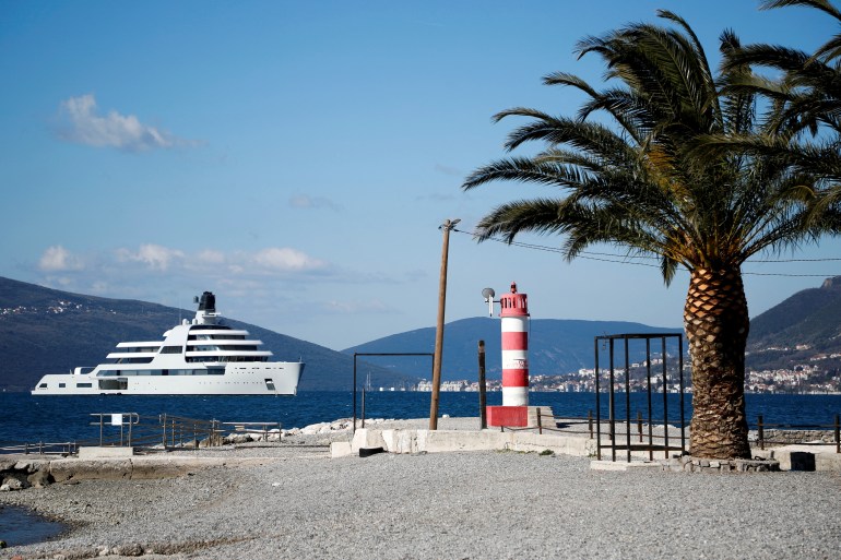 The motor yacht "Solaris", linked to Russian oligarch and politician Roman Arkadyevich Abramovich, is seen in the waters of Porto Montenegro in Tivat, Montenegro