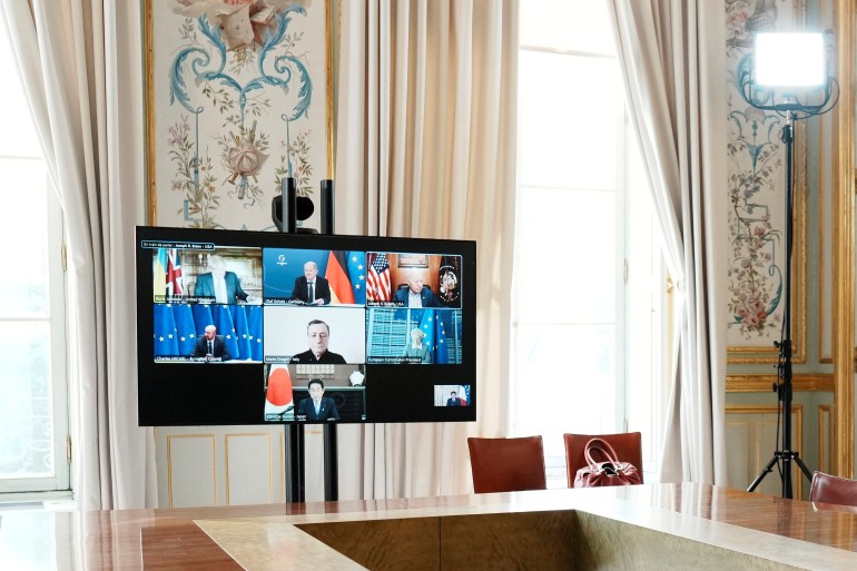 A general view of the video screen of G7 leaders during a video-conference on Ukraine at the Elysee Palace, in Paris, France
