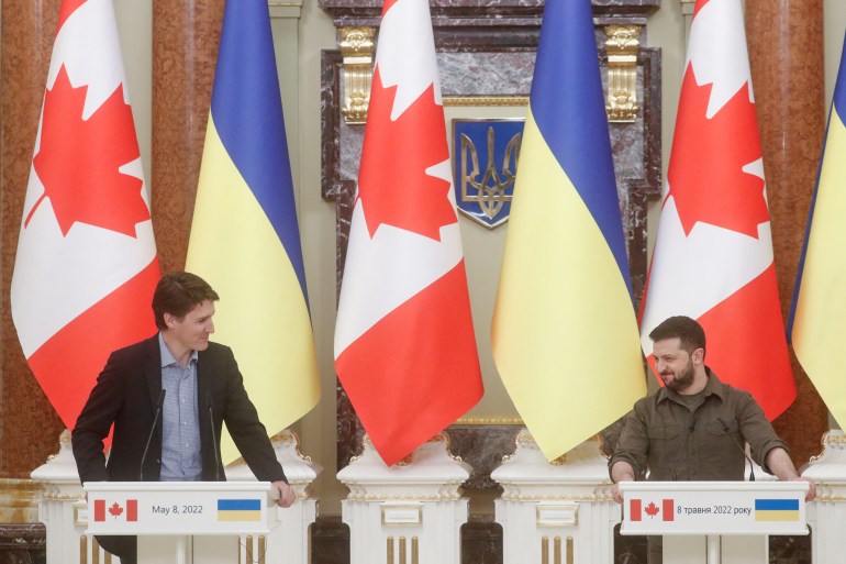 Canadian Prime Minister Justin Trudeau and Ukraine's President Volodymyr Zelenskyy attend a news conference in Kyiv.