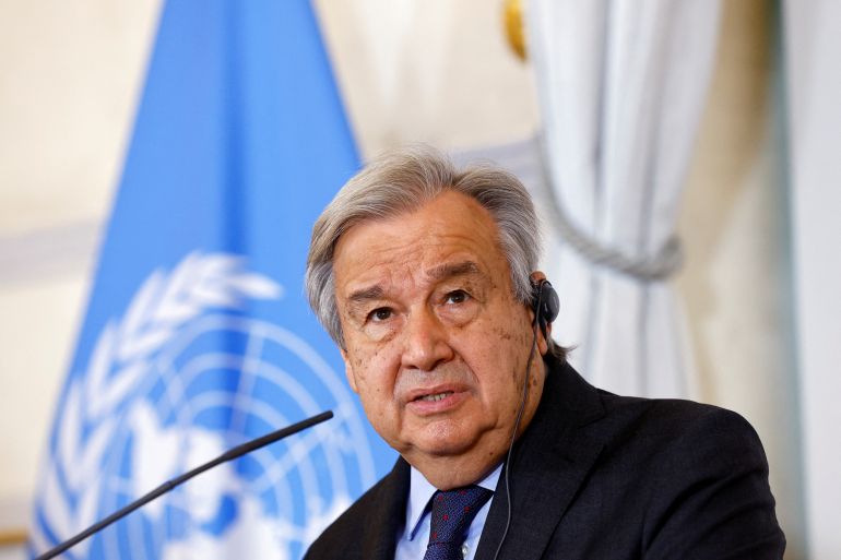 United Nations Secretary-General Antonio Guterres speaks during a news conference with Austrian Chancellor Karl Nehammer (not seen) and Foreign Minister Alexander Schallenberg (not seen) in Vienna, Austria