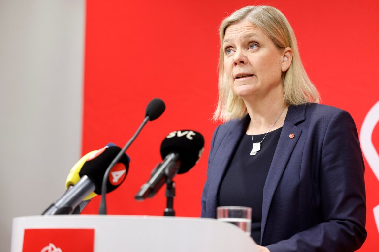 Sweden's Prime Minister Magdalena Andersson holds a news conference on her party's NATO membership decision, in Stockholm, Sweden on May 15, 2022 [TT News Agency/Fredrik Persson]