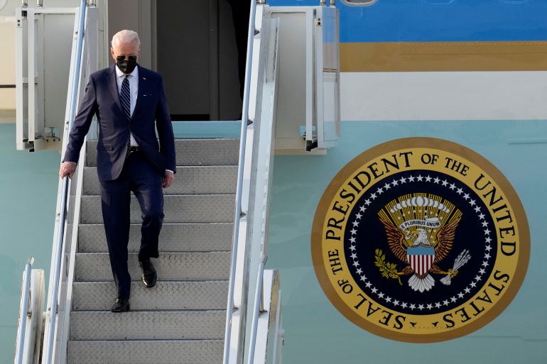 U.S. President Joe Biden disembarks Air Force One as he arrives at the Osan Air Base in Pyeongtaek, South Korea May 20, 2022.