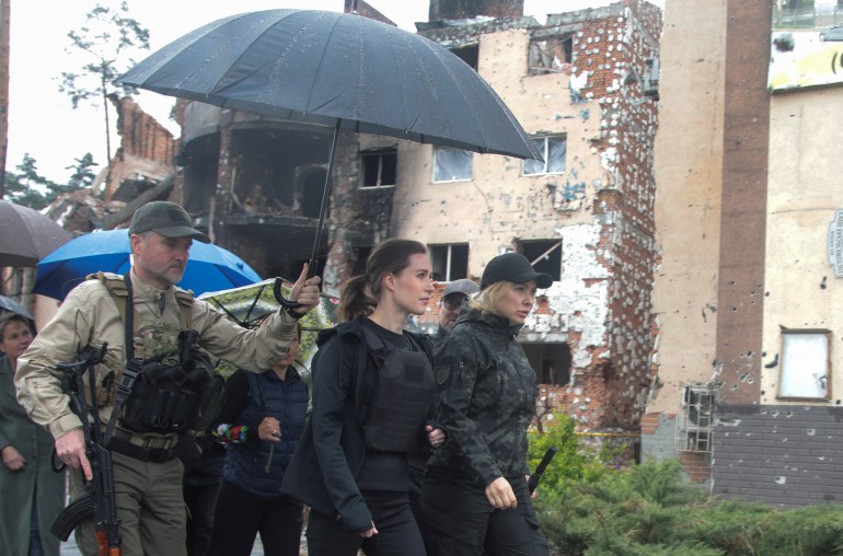 Finland's Prime Minister Sanna Marin visits the town of Irpin, Ukraine.